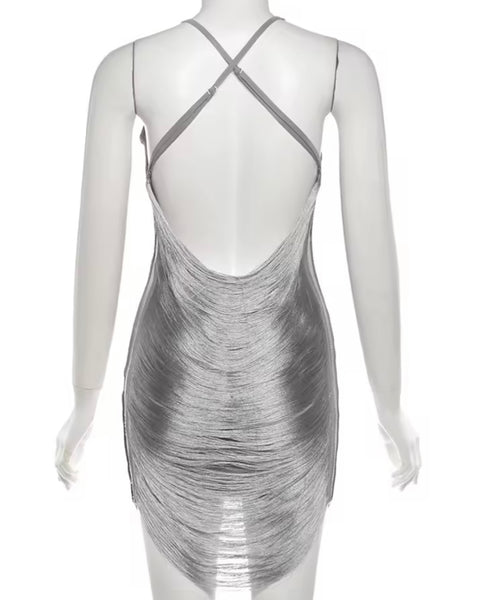 Women Sexy Silver Sleeveless Backless Fringe Dress