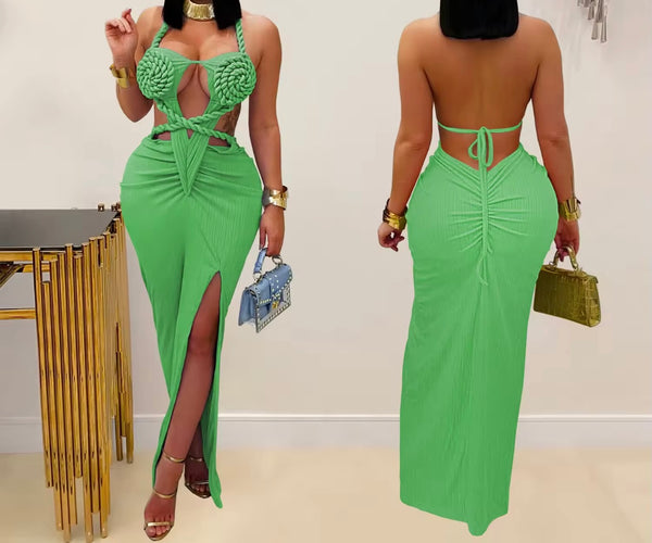Women Halter Sleeveless Open Back Color Sexy Maxi Dress