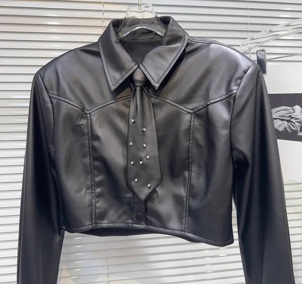 Women Fashion Bling Tie Full Sleeve Faux Leather Crop Top