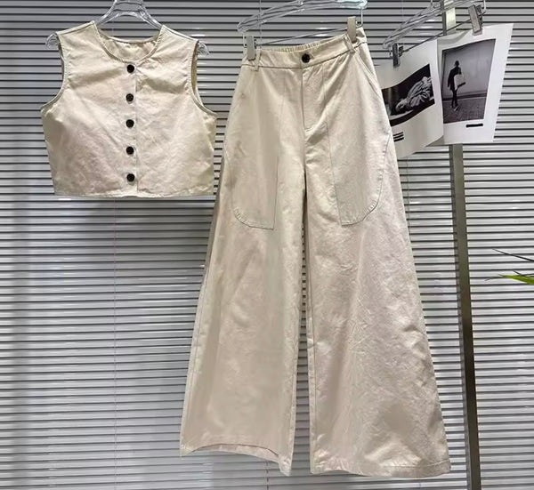 Women Button Up Sleeveless Vest Two Piece Wide Leg Pant Set