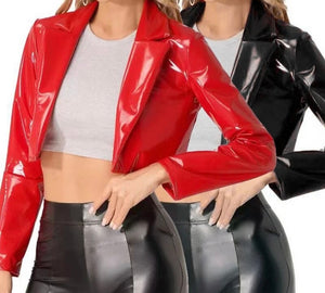 Women Fashion Patent Leather Blazer Jacket