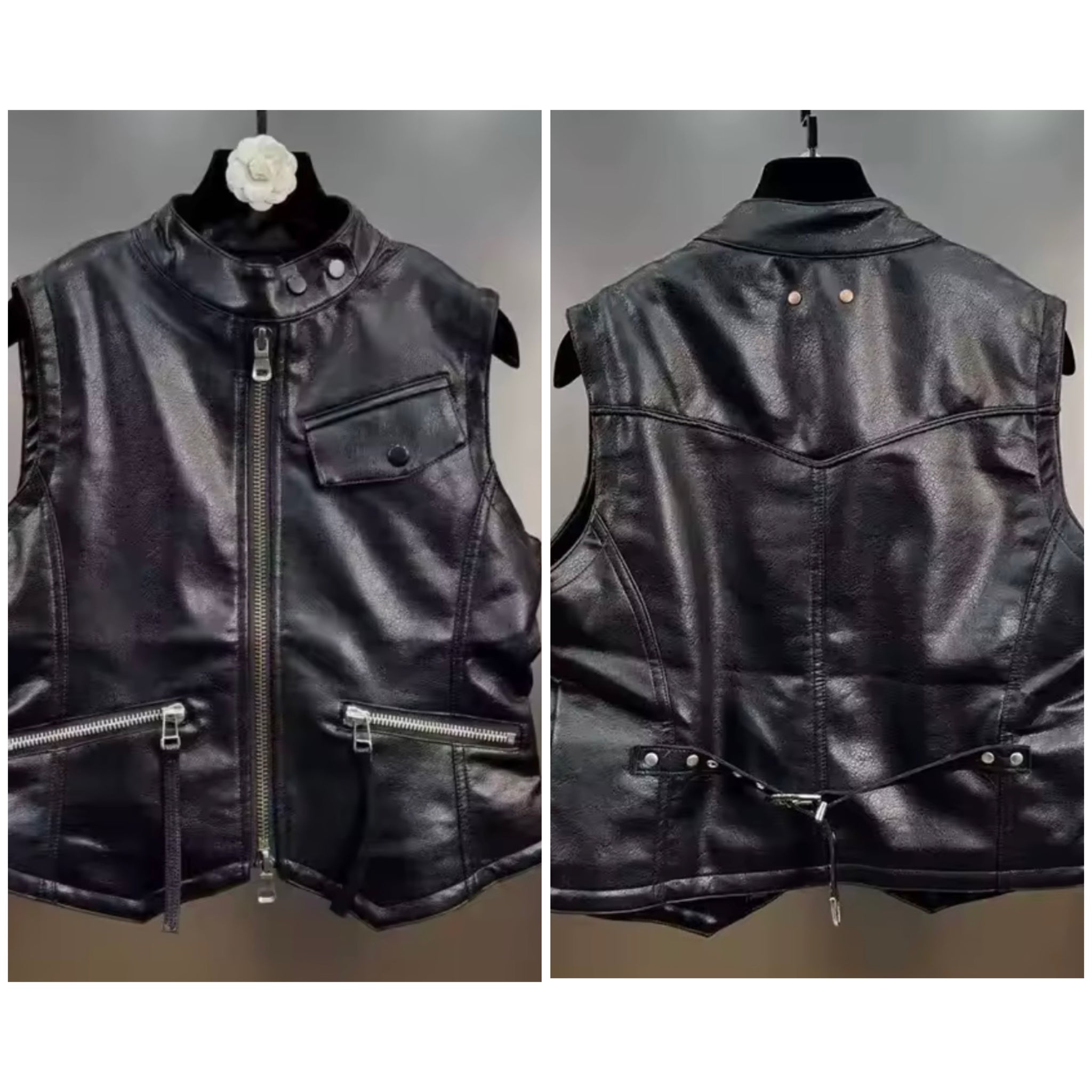 Women Sleeveless Fashion Faux Leather Black Vest Jacket