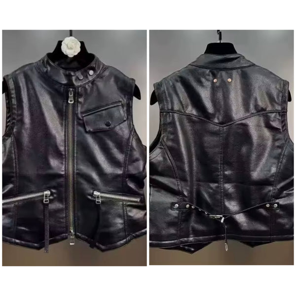 Women Sleeveless Fashion Faux Leather Black Vest Jacket