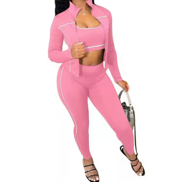 Women Color Striped Fashion Three Piece Tracksuit Pant Set
