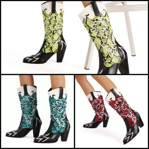 Women Fashion Color Animal Print Faux Leather Western Boots