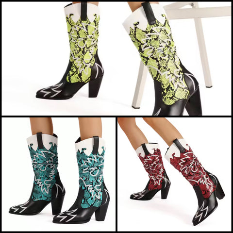 Women Fashion Color Animal Print Faux Leather Western Boots