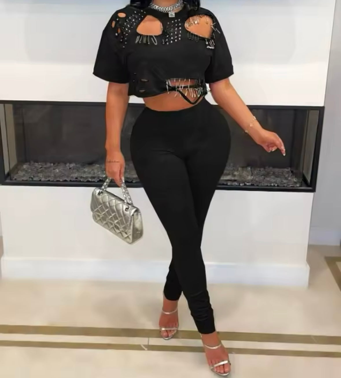 Women Color Ripped Rivet Safety Pin Short Sleeve Two Piece Pant Set