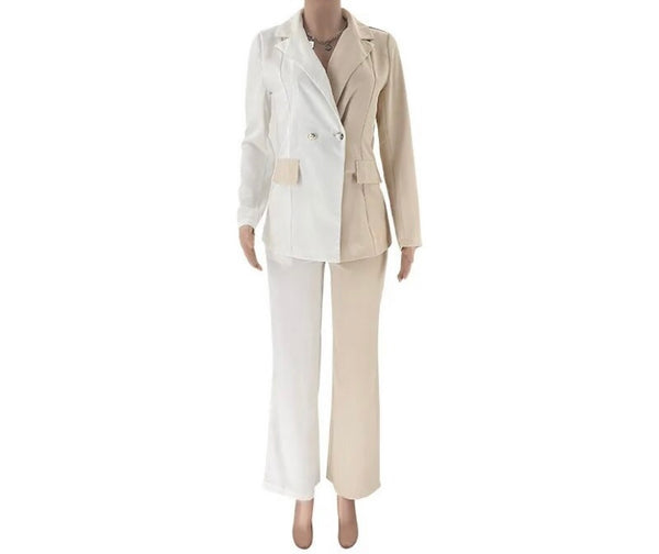 Women Fashion Color Patchwork Button Up Blazer Two Piece Pant Set