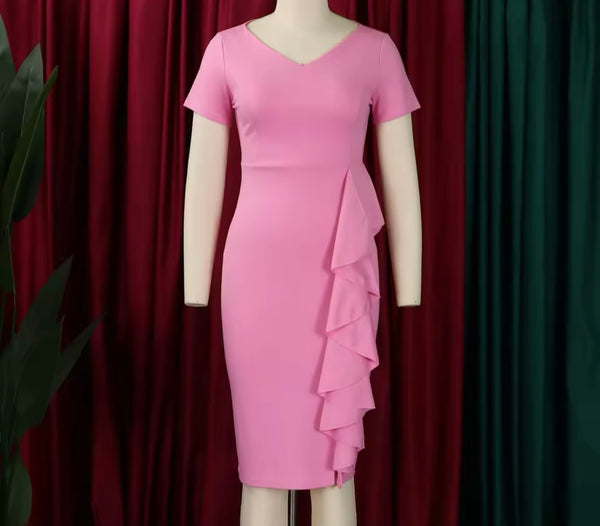 Women Sexy Short Sleeve Solid Color Ruffled Dress