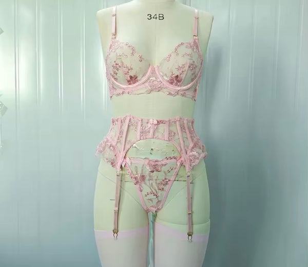 Women Sexy Pink Floral Mesh Lingerie Set