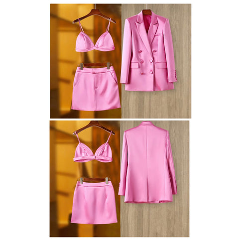 Women Sexy Pink Three Piece Blazer Skirt Set