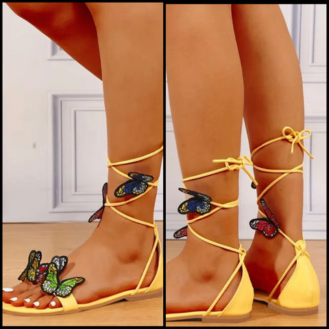 Women Fashion Yellow Butterfly Lace Up Flat Sandals