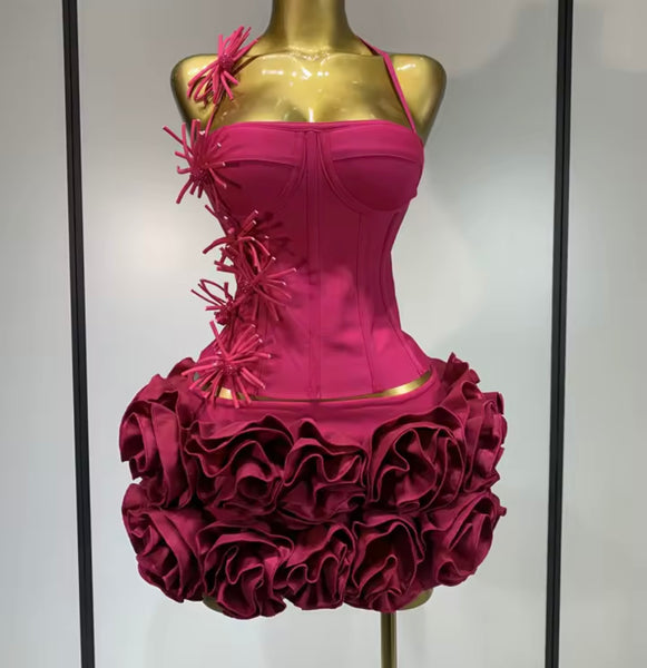 Women Sexy Halter Sleeveless 3D Floral Two Piece Skirt Set