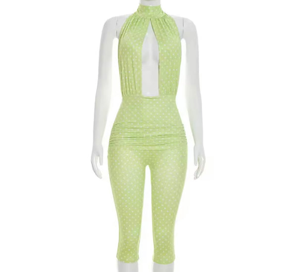 Women Halter Open Back Sexy Sleeveless Polka Dot Jumpsuit