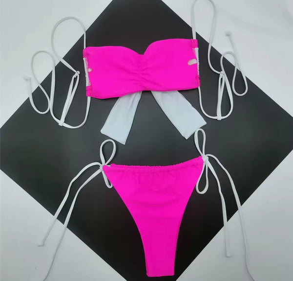 Women Sexy Tie Up Bow Color Patchwork Bikini