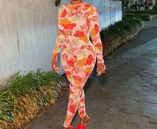 Women Fashion Pink Floral Full Sleeve Jumpsuit