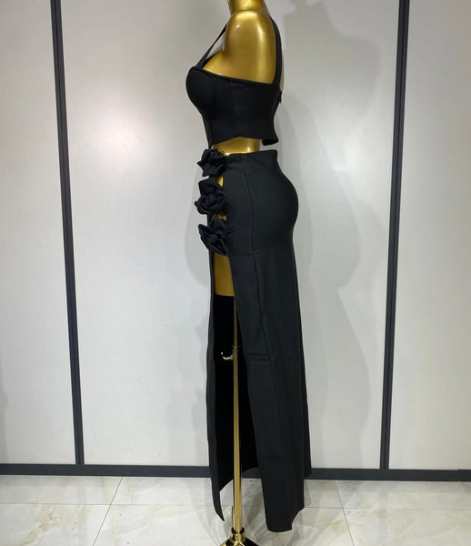 Women Sexy Sleeveless Crop Side Split 3D Floral Two Piece Maxi Skirt Set