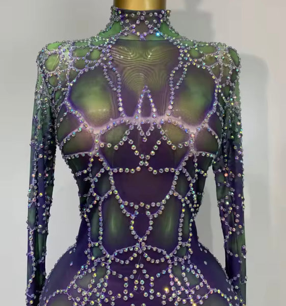 Women Sexy Mesh Rhinestone Full Sleeve Jumpsuit