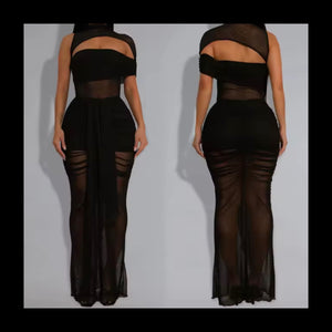 Women Black Sleeveless Mesh Sexy Maxi Dress
