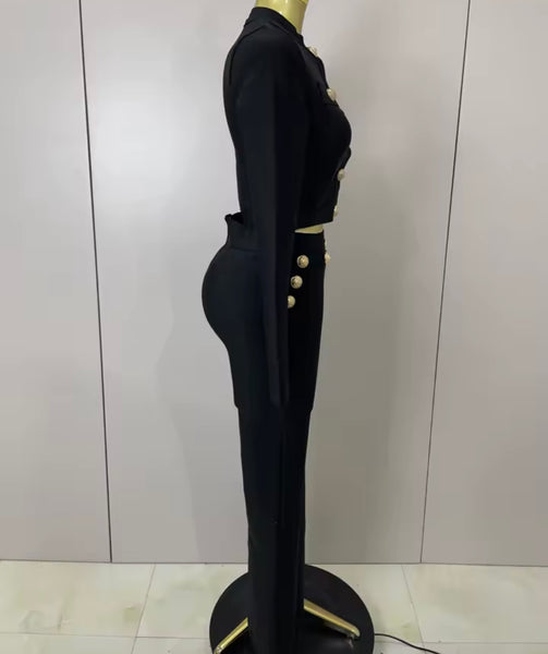 Women Black Gold Button Full Sleeve Two Piece Pant Set