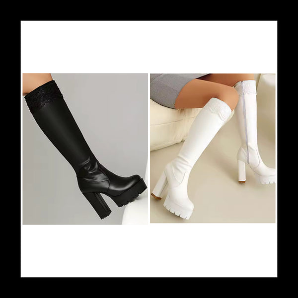 Women Fashion Lace Faux Leather Platform High Heel Boots