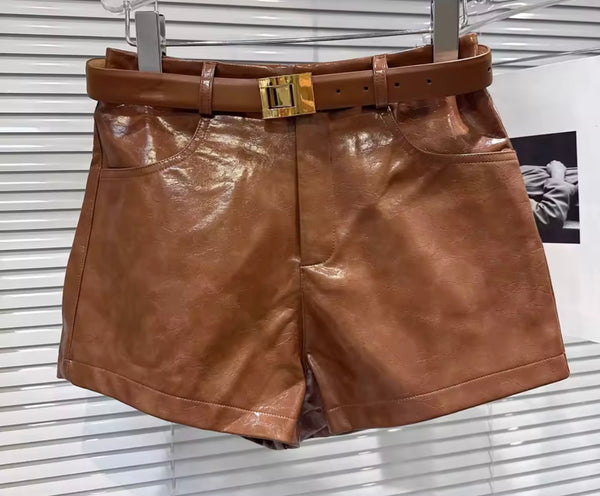 Women Fashion Buckled Sweater Two Piece Faux Leather Short Set