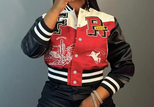 Women Fashion Color Patchwork Letter Print Varsity Jacket