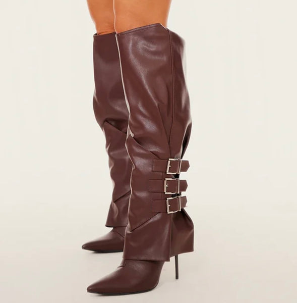 Women Pointed Toe Buckled Fashion Faux Leather Knee High Boots