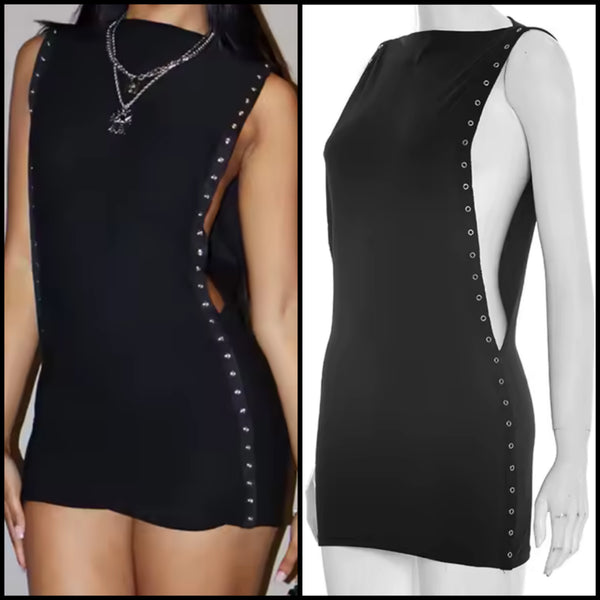 Women Sexy Black Sleeveless Rivet Dress