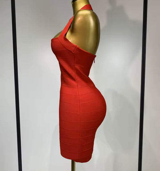 Women Red Sexy Halter Sleeveless Bandage Dress