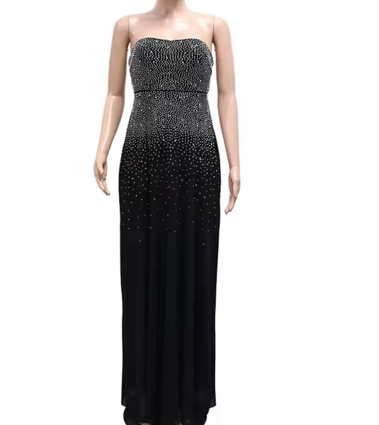 Women Strapless Rhinestone Tulle Sexy Maxi Dress