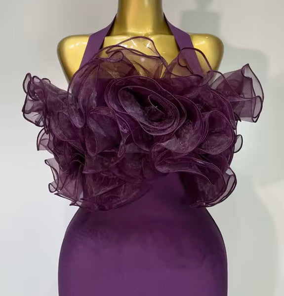 Women Sexy Purple Halter Ruffled Maxi Dress