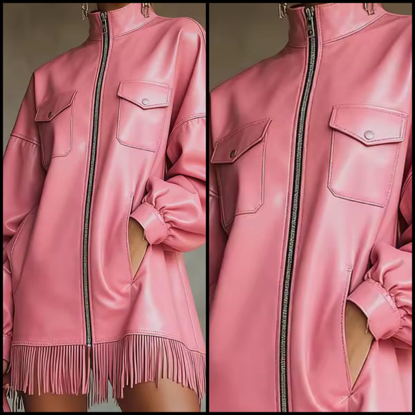 Women Pink Faux Leather Zip Up Fringe Tassel Full Sleeve Dress