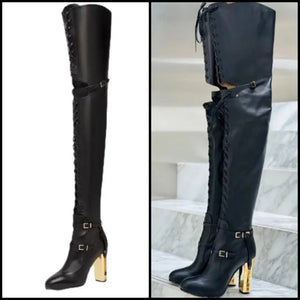 Women Black Gold Heel Fashion Lace Up Thigh High Boots