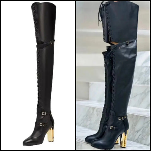 Women Black Gold Heel Fashion Lace Up Thigh High Boots