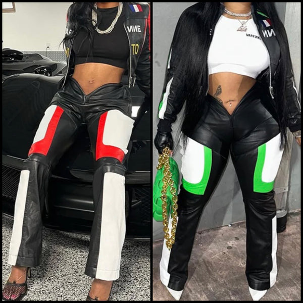 Women Fashion Color Patchwork Faux Leather Pants