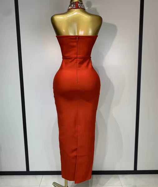 Women Sexy Choker Strapless Gray Rhinestone Maxi Dress