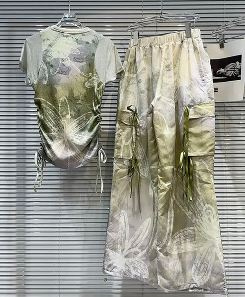 Women Sexy Fashion Printed Short Sleeve Two Piece Cargo Pant Set
