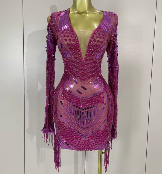 Women Sexy Crystal Mirror Mesh Full Sleeve Tassel Dress