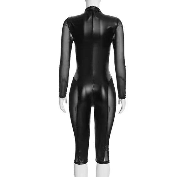 Women Sexy Fashion PU Mesh Patchwork Full Sleeve Capri Jumpsuit