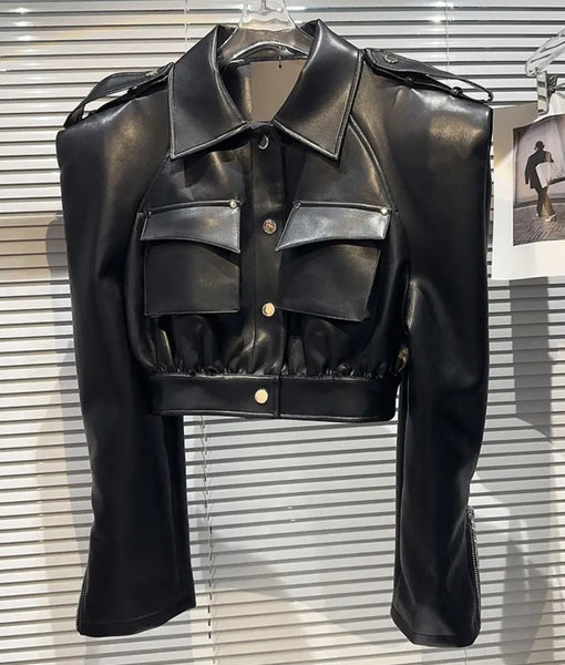 Women Black Pocket Button Up Faux Leather Jacket