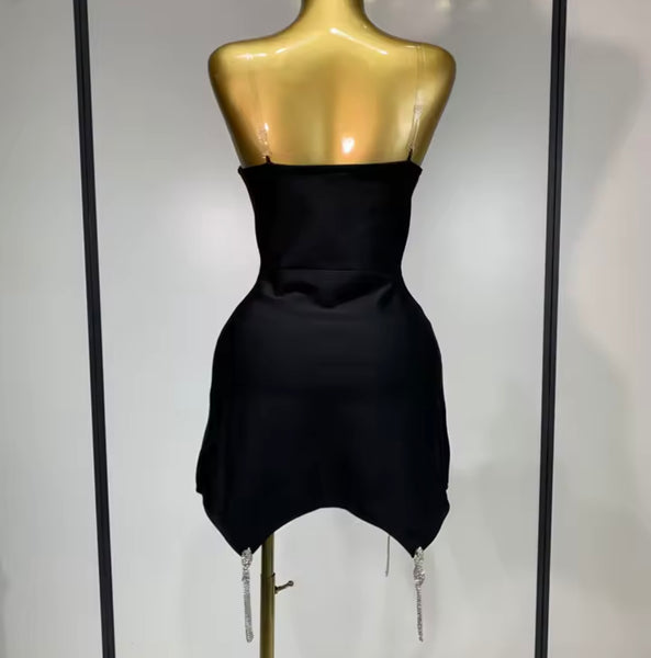 Women Sexy Black Sleeveless Rhinestone Front Zipper Dress