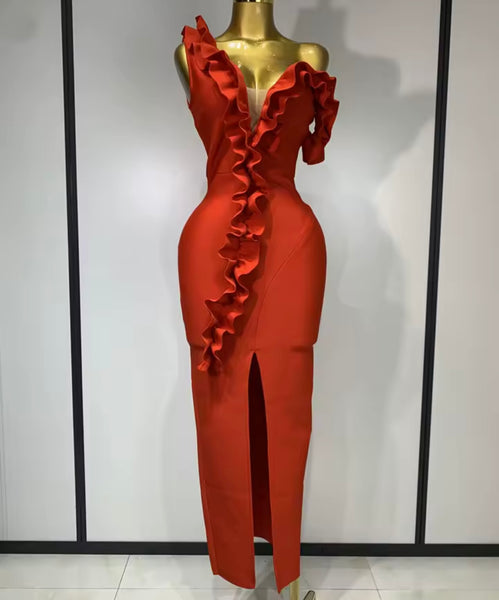 Women Red Ruffled One Shoulder Sleeveless Maxi Dress