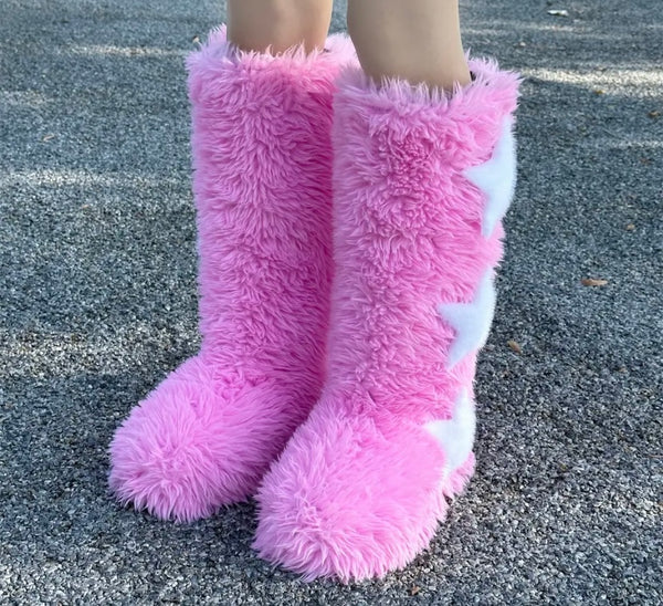 Women Fluffy Fashion Star Print Faux Fur Boots