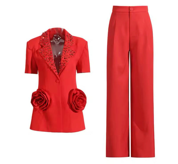 Women Sequins Short Sleeve Blazer Two Piece Pant Set