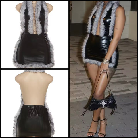 Women Sexy Black Faux Fur Halter Sleeveless PU  Dress