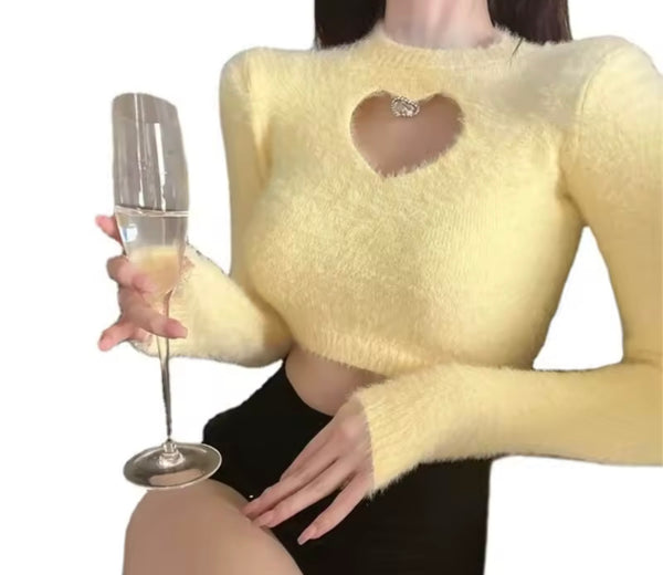 Women Fashion Furry Cut Out Heart Full Sleeve Crop Top