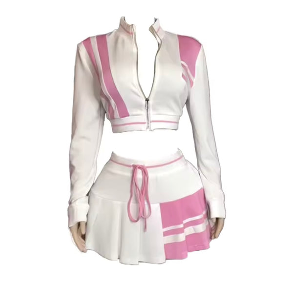 Women Zip Up Full Sleeve Color Patchwork Two Piece Pleated Skirt Set