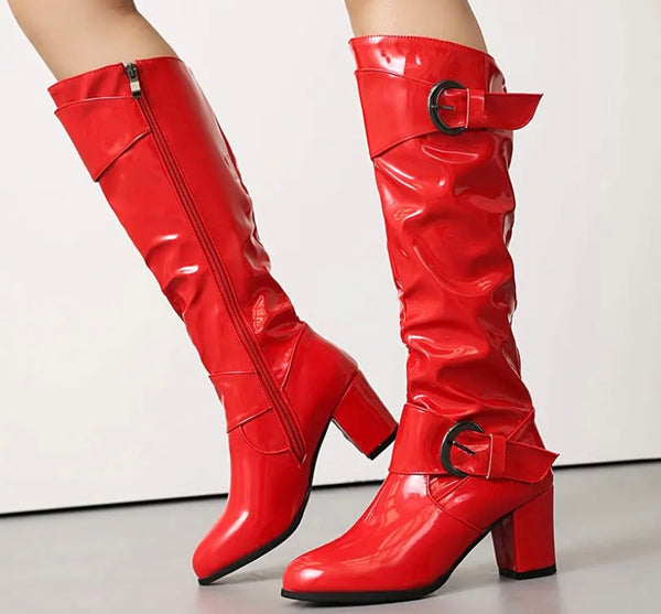 Women Fashion Patent Leather Buckled Knee High Boots