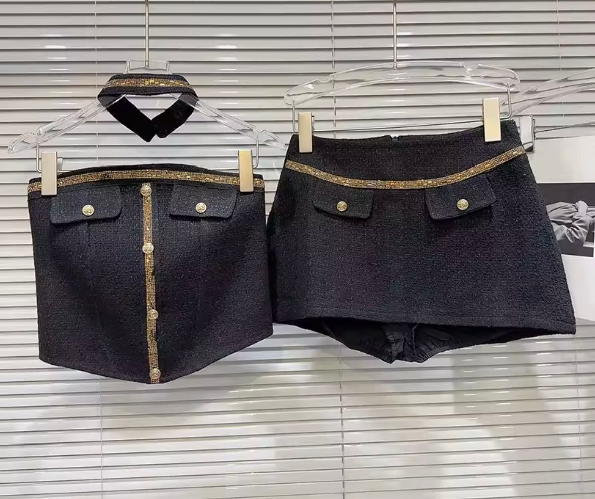 Women Choker Strapless Button Pocket Two Piece Tweed Skirt Set